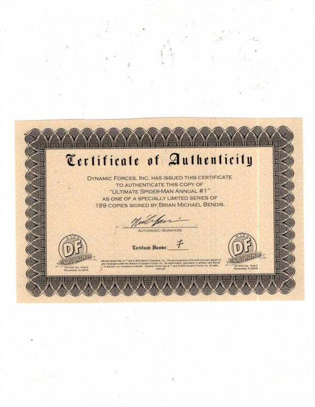 Ultimate Spider-Man Annual #1 (2005) VF+ Signed on Cover By Writer w/COA