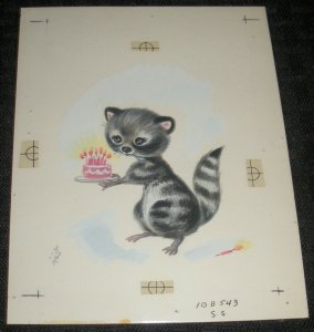 HAPPY BIRTHDAY Cute Painted Raccoon w/ cake 4.75x6 Greeting Card Art #543