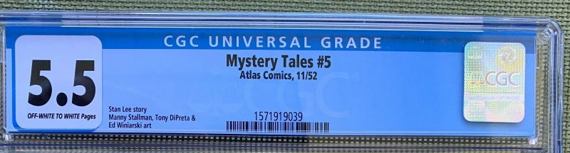 MYSTERY TALES #5 CGC 5.5 O/W to ZOMBIE COVER STAN LEE ATLAS