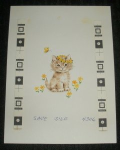 GET WELL SOON Cute Tan Kitten w/ Yellow Flowers 5.25x7 Greeting Card Art #4306