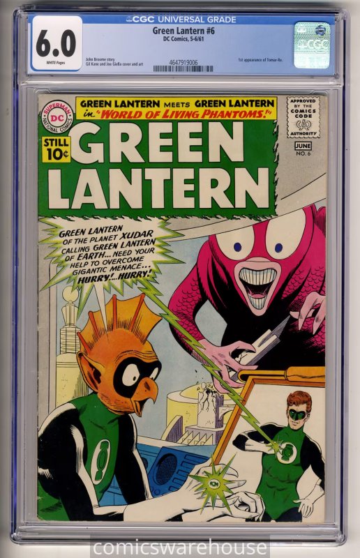 GREEN LANTERN #6 (DC 6/61) CGC 6.0 1ST APPEARANCE TOMAR-RE WHITE PAGES