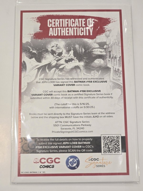 BATMAN #158 DC COMICS 2025 CVR Q - 1:608 RATIO INKS SIGNED BY JEPH LOEB  NM