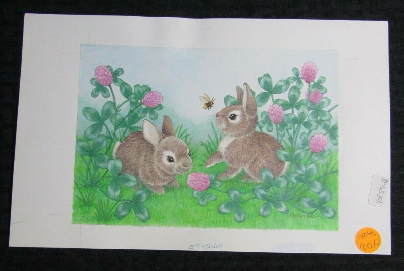 HAPPY BIRTHDAY Cute Bunny Rabbits & Bee 11x7 Greeting Card Art #5060