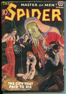 SPIDER-9/1938-POPULAR PUBS-THE CITY THAT HAD TO DIE-SKULL-HANGING-HERO PULP-vg-