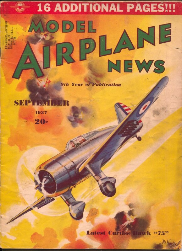 Model Airplane News 9/1937-Curtiss Hawk 75 plane cover-Josef Kotula-VG