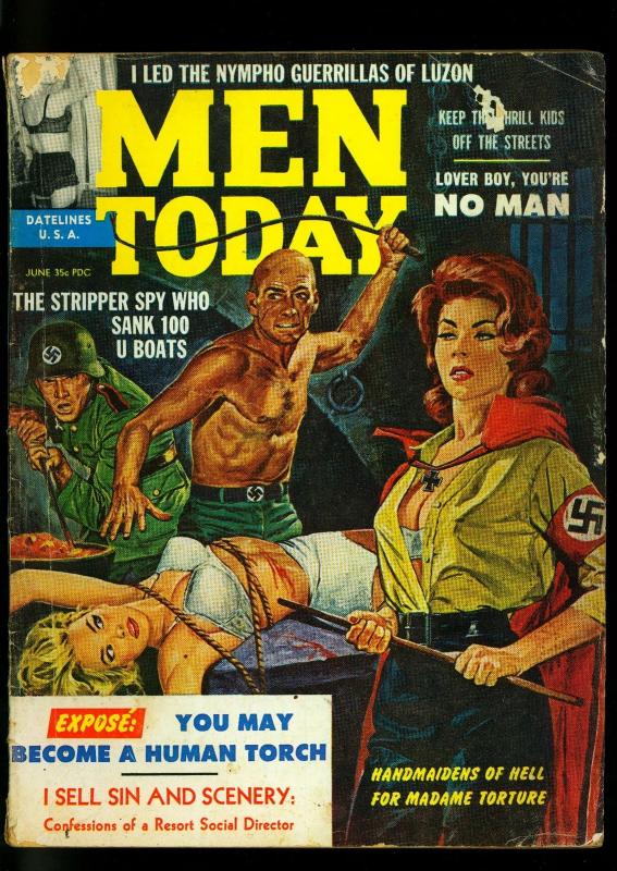 Men Today Pulp Magazine June 1962- Nqazi torture whipping cover- G+