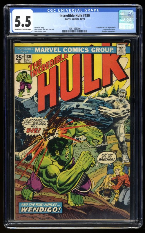 Incredible Hulk #180 CGC FN- 5.5 1st Cameo Appearance Wolverine!