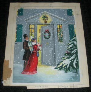 CHRISTMAS Vintage Couple Visiting w/ Presents 7x8 Greeting Card Art #FL258