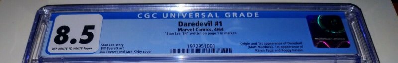 Daredevil 1 CGC 8.5 Signed Stan Lee! 