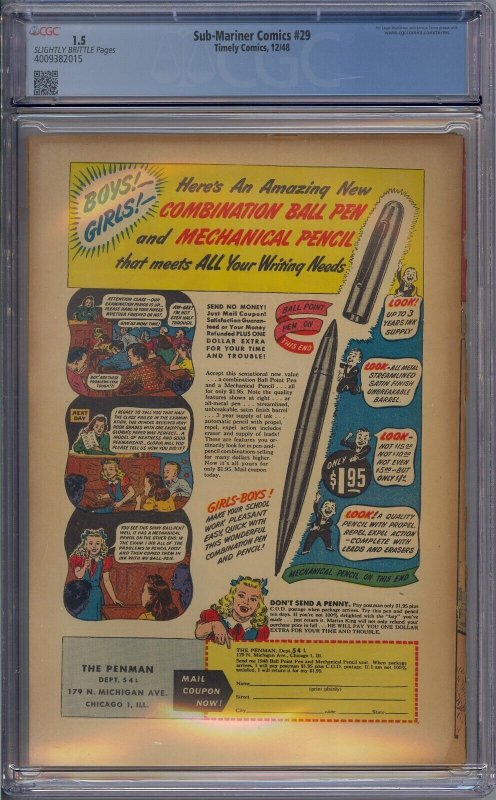 SUB-MARINER COMICS #29 CGC 1.5 HUMAN TORCH NAMORA BILL EVERETT