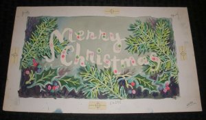 MERRY CHRISTMAS Large Vintage Boughs of Holly13.5x8 Greeting Card Art #15D