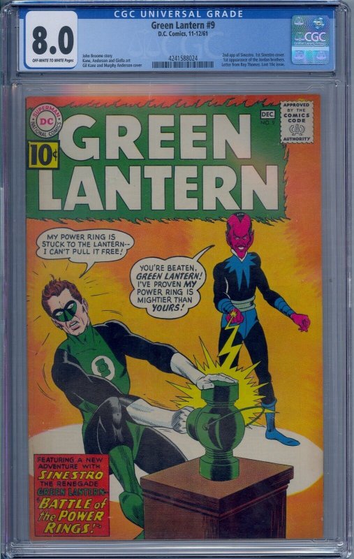 GREEN LANTERN #9 CGC 8.0 2ND SINESTRO