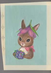 EASTER Cute Bunny Rabbit w/ Tulip Hat & Flowers 6.5x8.5 Greeting Card Art #E2824
