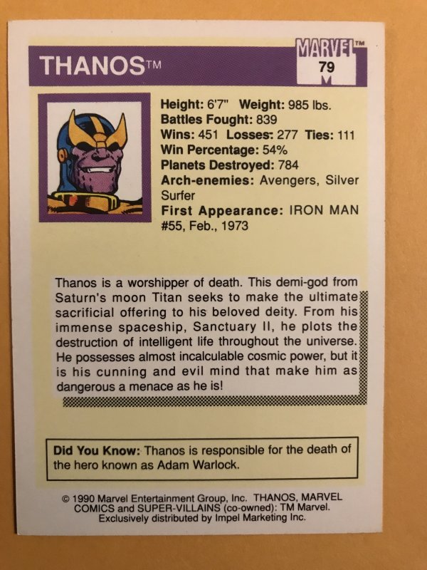 THANOS #79 : 1990 Marvel Universe Series 1 card, NM/M,  1st card appearance