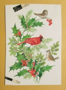 CHRISTMAS Cardinal Birds on Holly Branch 4x5.75 Greeting Card Art FN 6.0 #FL447