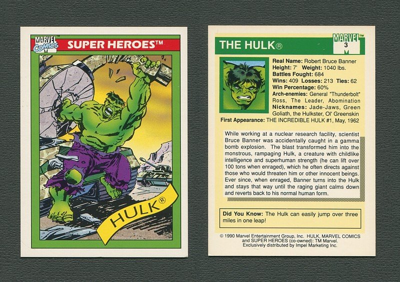 1990 Marvel Comics Card  #3 (Hulk) / MINT