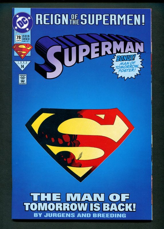 Superman #78  ( 9.4 NM ) Die-Cut Cover / Pin-Up Poster / June 1993