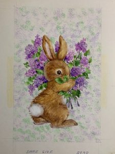 EASTER GREETINGS Bunny w/ Flowers 7.5x9.5 Greeting Card Art #2838 w/ 2 Cards