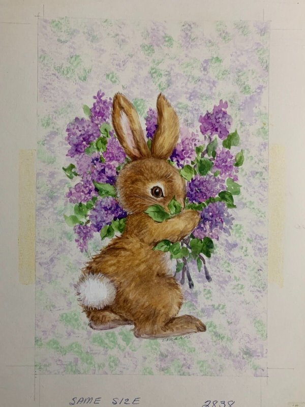 EASTER GREETINGS Bunny w/ Flowers 7.5x9.5 Greeting Card Art #2838 w/ 2 Cards