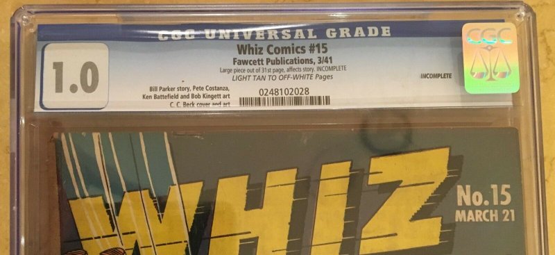 WHIZ COMICS #15 CGC 1.0 -- ORIGIN OF SIVANA! WWII WAR COVER! C.C. BECK! SHAZAM!