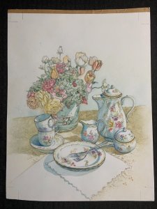HAPPY MOTHERS DAY Beautiful Tea Set and Flowers 9x12 Greeting Card Art #nn