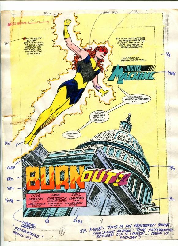 Justice Machine #24 Page #1 1988 Original Color Guide Splash Page 