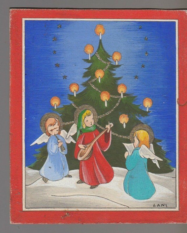 CHRISTMAS Angels w/ Tree Playing Flute & Guitar 3.75x4.5 Greeting Card Art #nn