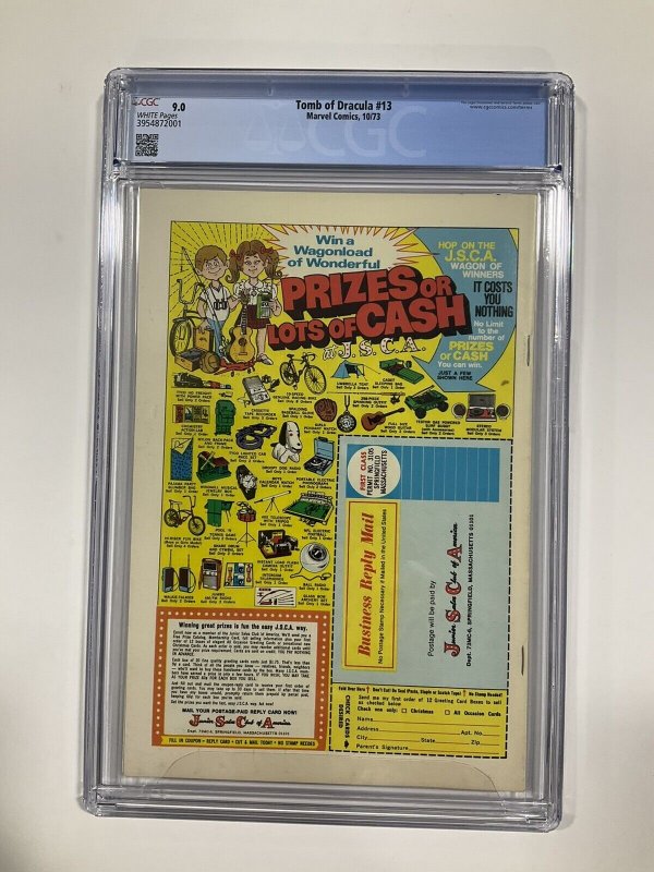 TOMB OF DRACULA 13 CGC 9.0 WHITE PAGES MARVEL 1973