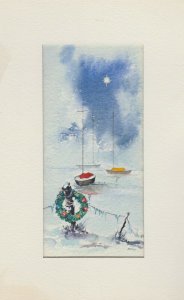 MERRY CHRISTMAS Wreath on Dock Post w Boats Star 7x10 Greeting Card Art #1972