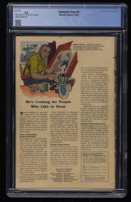 Fantastic Four #8 CGC VG- 3.5 1st Appearance of Puppet Master!!