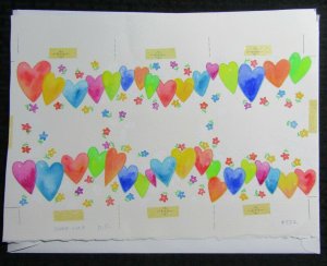 HAPPY BIRTHDAY 3-Panels with Colorful Hearts 14.5x11 Greeting Card Art #4732