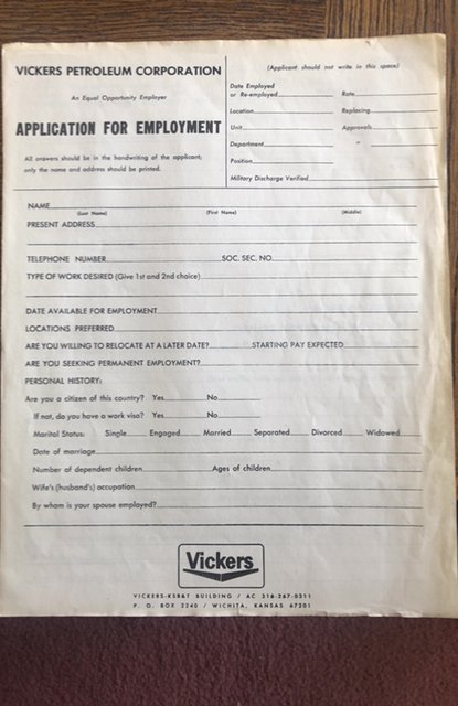 Vickerspetroleum CO employment application,1960-80s,blank