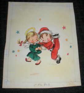 CHRISTMAS Cute Kids as Santa & Angel Dancing 5.5x7 Greeting Card Art #2532