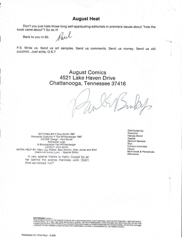 Rottweiler #1 1987 Signed by Paul Burke August Comics EB200