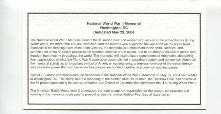 National WWII Memorial First Day Of Issue Envelope 5/29/2004-original case-VF
