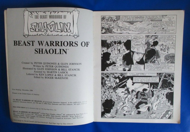 1986 THE BEAST WARRIORS OF SHAOLIN Pied Piper Graphic Novel #3 VG