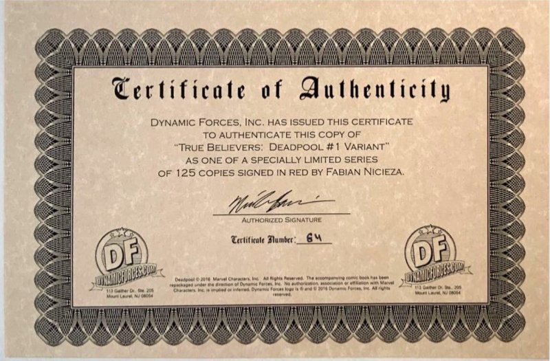 DEADPOOL TRUE BELIEVERS DEADPOOL : THE VARIANTS #1 SIGNED FABIAN NICIEZA W/COA.
