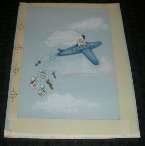 JUST MARRIED Newlyweds Flying in Airplane w/ Cans 6x8 Greeting Card Art #W431