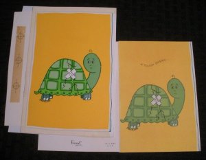 GET WELL SOON Cartoon Turtle Cracked Shell 4.5x7 Greeting Card Art #8665