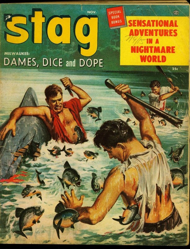 Stag Pulp Magazine November 1954-  Famous Piranha attack cover -G