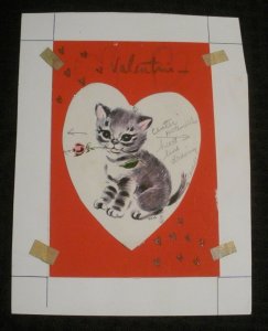 VALENTINE Cute Kitten w/ Rose in Mouth Heart 7x9 Greeting Card Art #3640