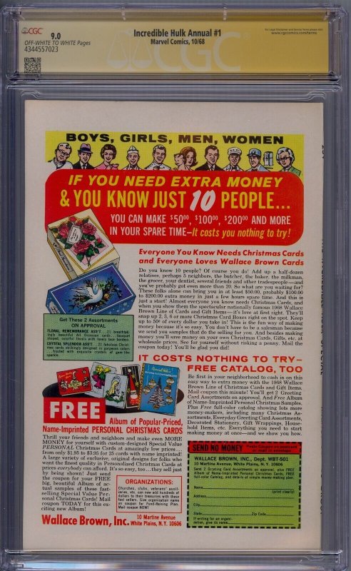 INCREDIBLE HULK ANNUAL #1 CGC 9.0 SS SIGNED JIM STERANKO CLASSIC COVER