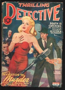 Thrilling Detective 6/1944-singer shot in the back cover-Invitation To Murde...