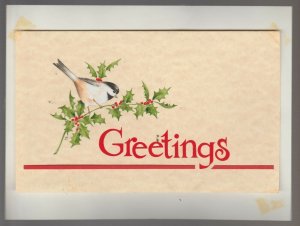 CHRISTMAS GREETINGS Lettering w/ Bird on Branch 8x6 Greeting Card Art #M5407