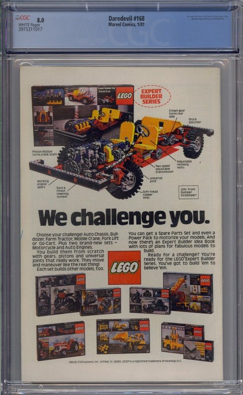 DAREDEVIL  #168 CGC 8.0 1ST ELEKTRA WHITE PAGES 