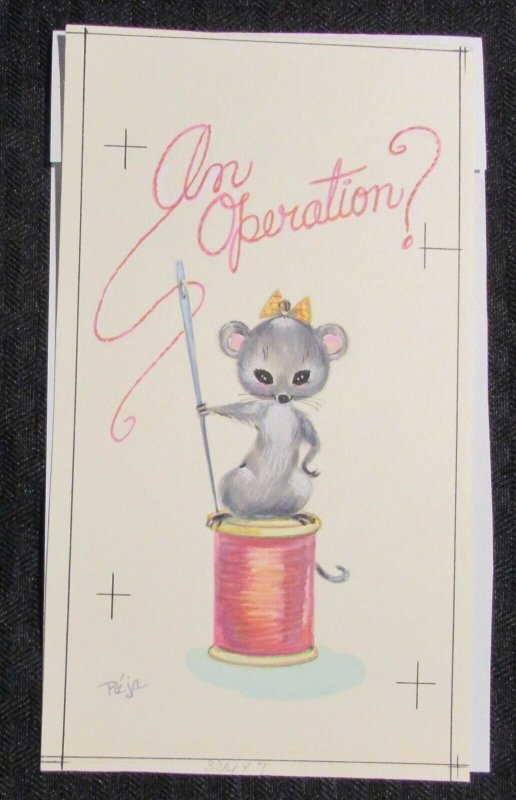 GET WELL SOON Cute Mouse An Operation? Sewing 4.25x7 Greeting Card Art #nn