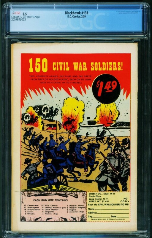 BLACKHAWK COMICS #133 CGC 3.5 1st LADY BLACKHAWK 1959-DC 2057843003