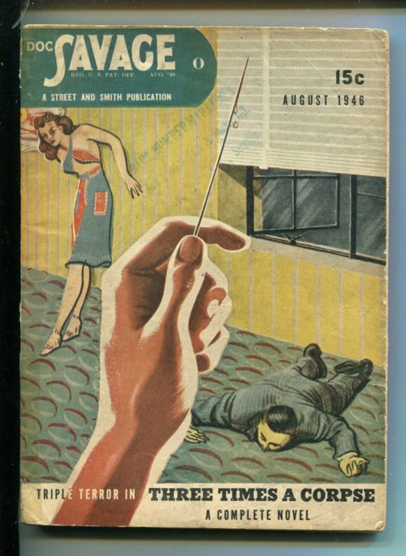 Doc Savage Pulp August 1946- Needle torture cover- John D MacDonald VG