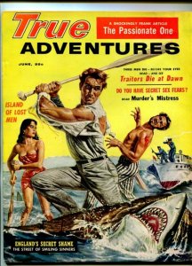 TRUE ADVENTURES-AUG-1959-PULP FICTION-DOUG ROSA-SAUNDERS-SHARK ATTACK-fn+