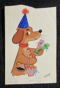 HAPPY BIRTHDAY Cartoon Dog w/ Candy & Hat 5x7.5 Greeting Card Art #6620